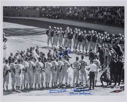 Stan Musial Last Game Black and White 16x20 Photograph Signed by Musial, Schoendienst and Gibson (Musial COA & PSA/DNA)